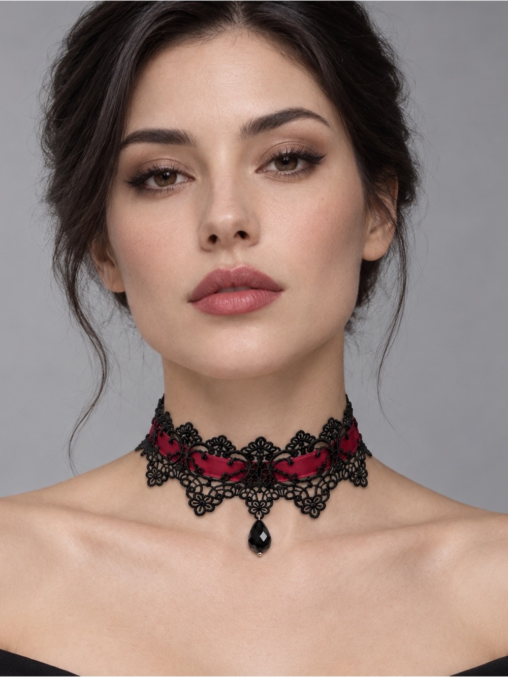 Victorian Black Lace Burgundy Ribbon Choker